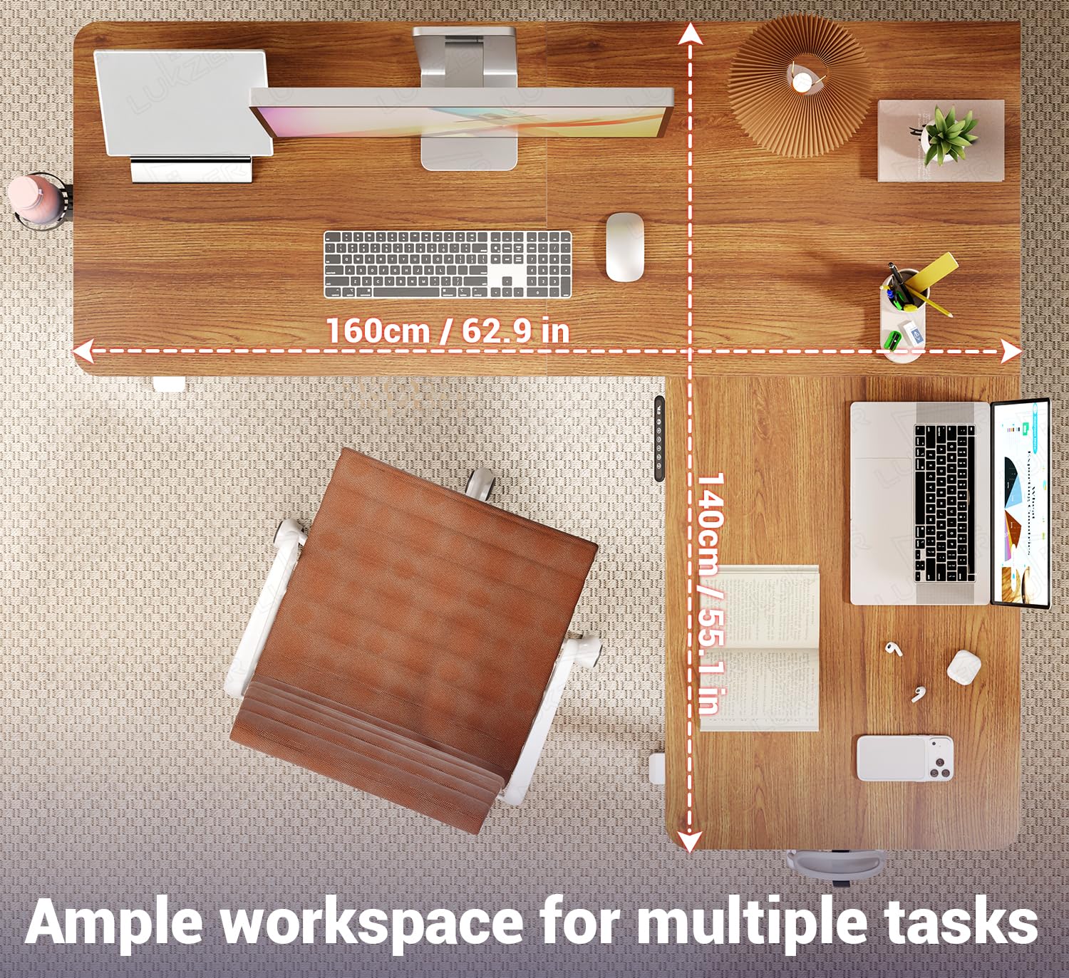 Lukzer L-Shape Electric Height Adjustable Study Desk (EST-001/White & Oak Brown) 3-Years Warranty
