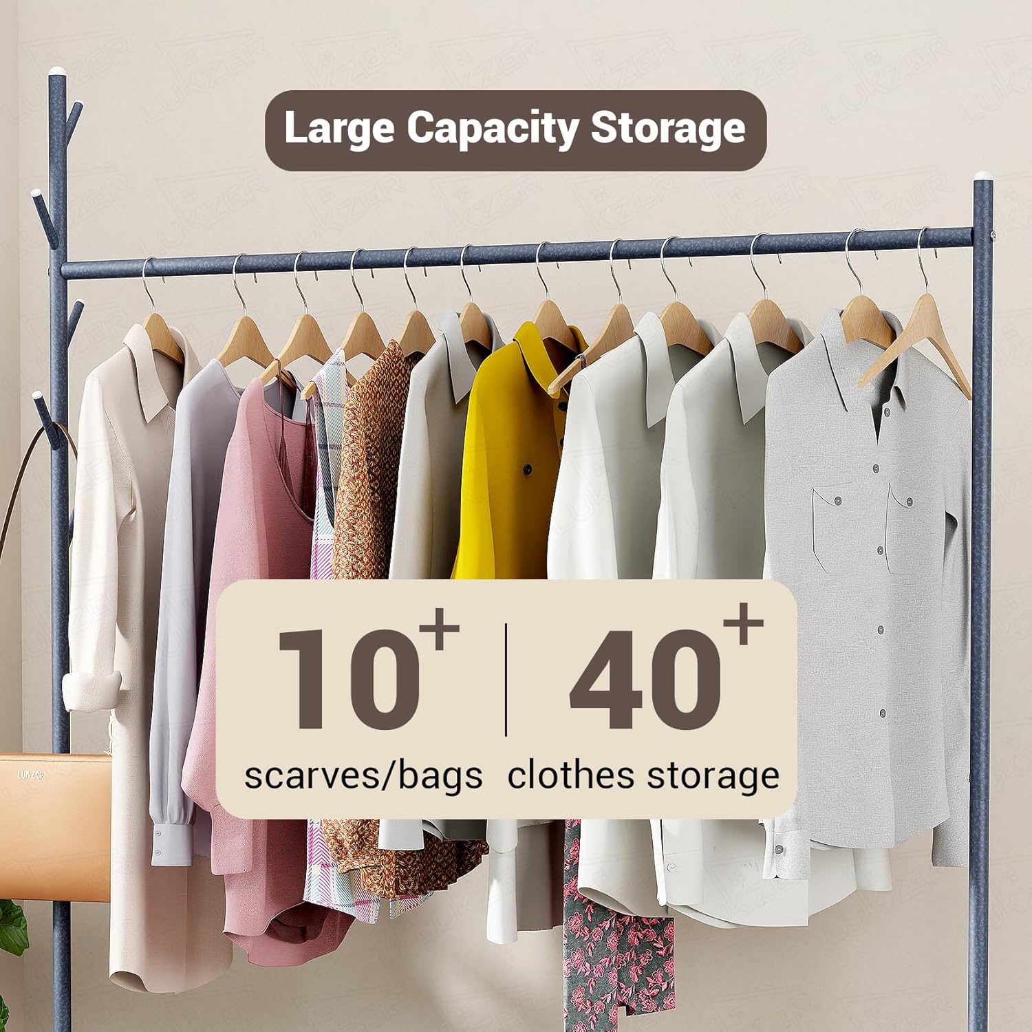 Lukzer Metal Single Rod Clothes Hanging Stand with Double Shelf & Lockable Wheels (MGR-004/Deep Sea)