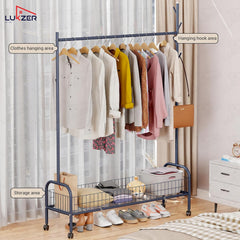 Lukzer Metal Single Rod Clothes Hanging Stand with Bottom Shelf & Lockable Wheels (MGR-003/Deep Sea)