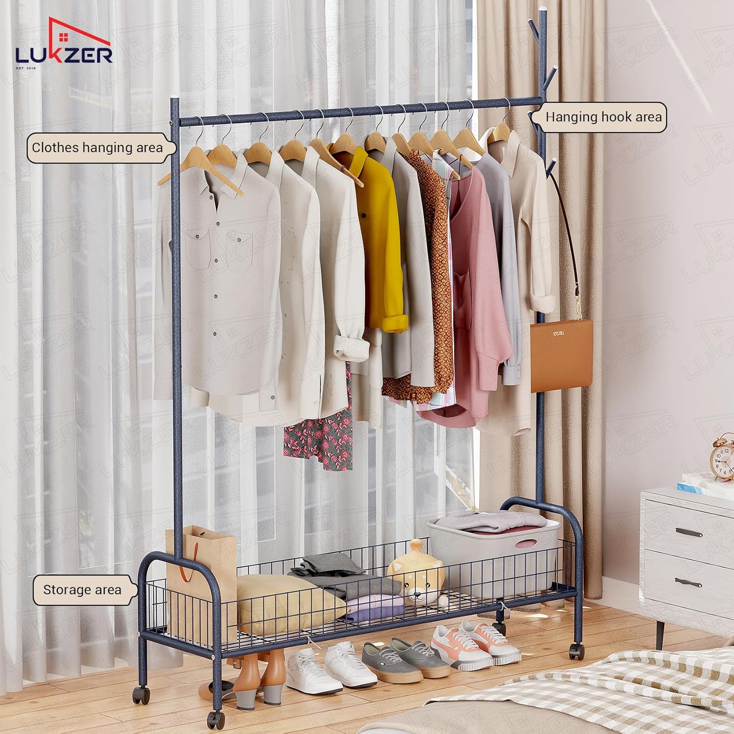 Lukzer Metal Single Rod Clothes Hanging Stand with Bottom Shelf & Lockable Wheels (MGR-003/Deep Sea)