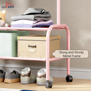 Lukzer Metal Garment Rack with Wheels & Double Bottom Storage Shelves (MGR-006/Pink)