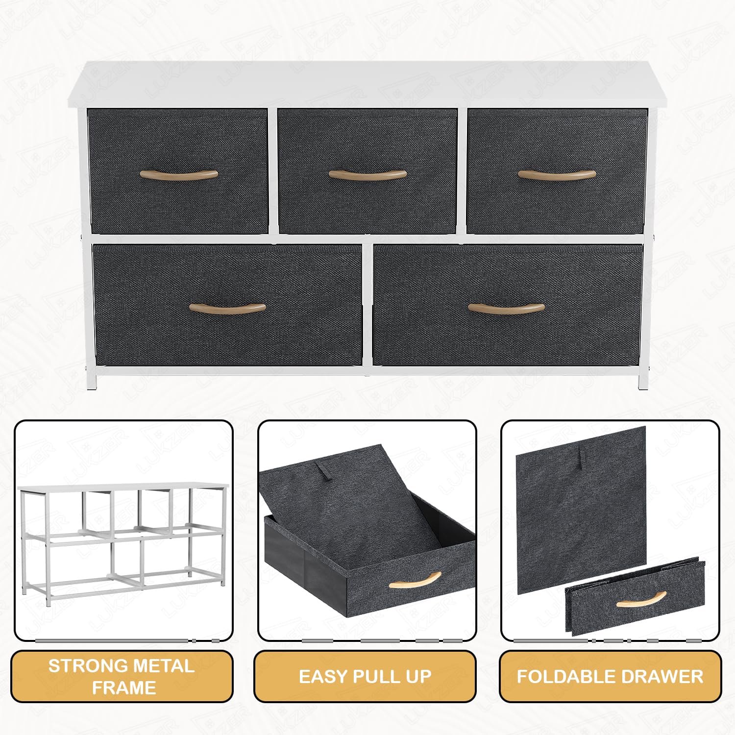 Lukzer 5-Drawer Fabric Storage Organizer for Closet (MMR-003/White & White)