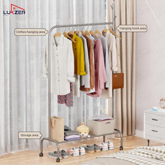 Lukzer Metal Garment Rack with Wheels & 1 Bottom Storage Shelf (MGR-005/Grey)