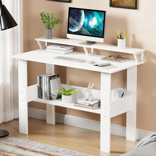 Lukzer Study Table with Monitor Riser & Open Book Shelf (MST-004/White)