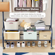 Lukzer Metal Garment Rack with Wheels & Double Bottom Storage Shelves (MGR-006/Deep Sea)
