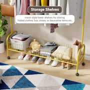 Lukzer Metal Single Rod Clothes Hanging Stand with Bottom Shelf & Lockable Wheels (MGR-003/Gold)