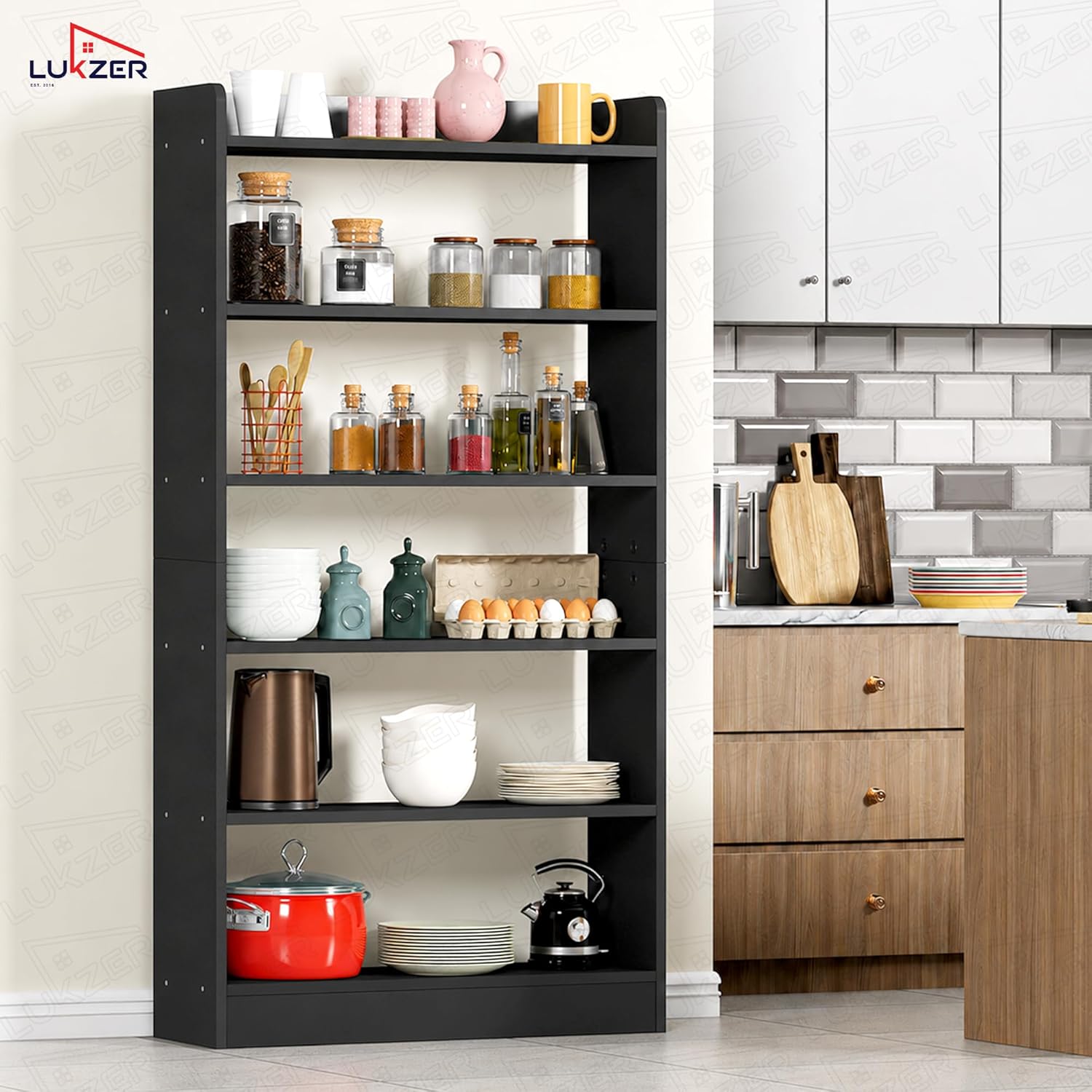 Lukzer Engineered Wood 6 Tier Bookcase Open Storage Cabinet (MR-007/Black)