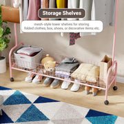 Lukzer Metal Single Rod Clothes Hanging Stand with Bottom Shelf & Lockable Wheels (MGR-003/Pink)