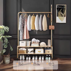 Lukzer Single Pole Portable Metal Garment Rack with 2 Bottom Shelves (MGR-008/Gold)