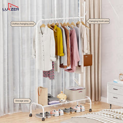 Lukzer Metal Garment Rack with Wheels & 1 Bottom Storage Shelf (MGR-005/White)