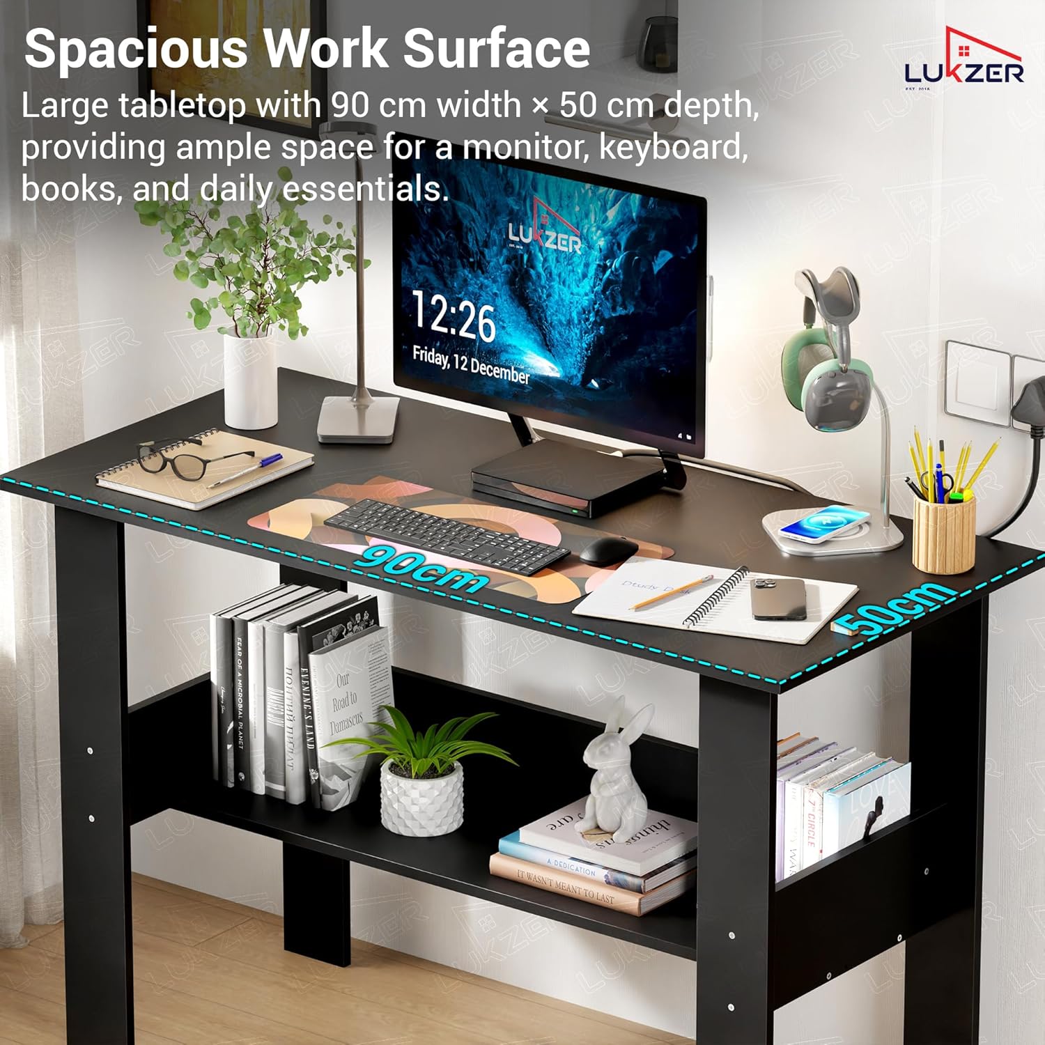 Lukzer Engineered Wood Modern Computer Desk with Bookshelf Study Table (ST-004/Black)