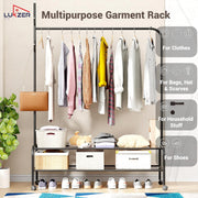 Lukzer Single Pole Portable Metal Garment Rack with 2 Bottom Shelves (MGR-008/Black)