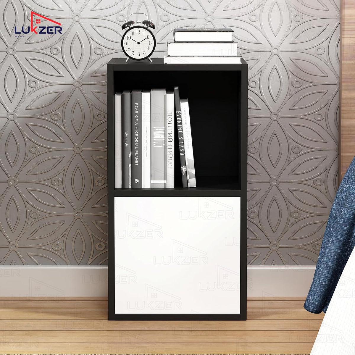Lukzer Engineered Wood 2 Layer Storage Cabinet with Open Display Rack (MR-021/Black)