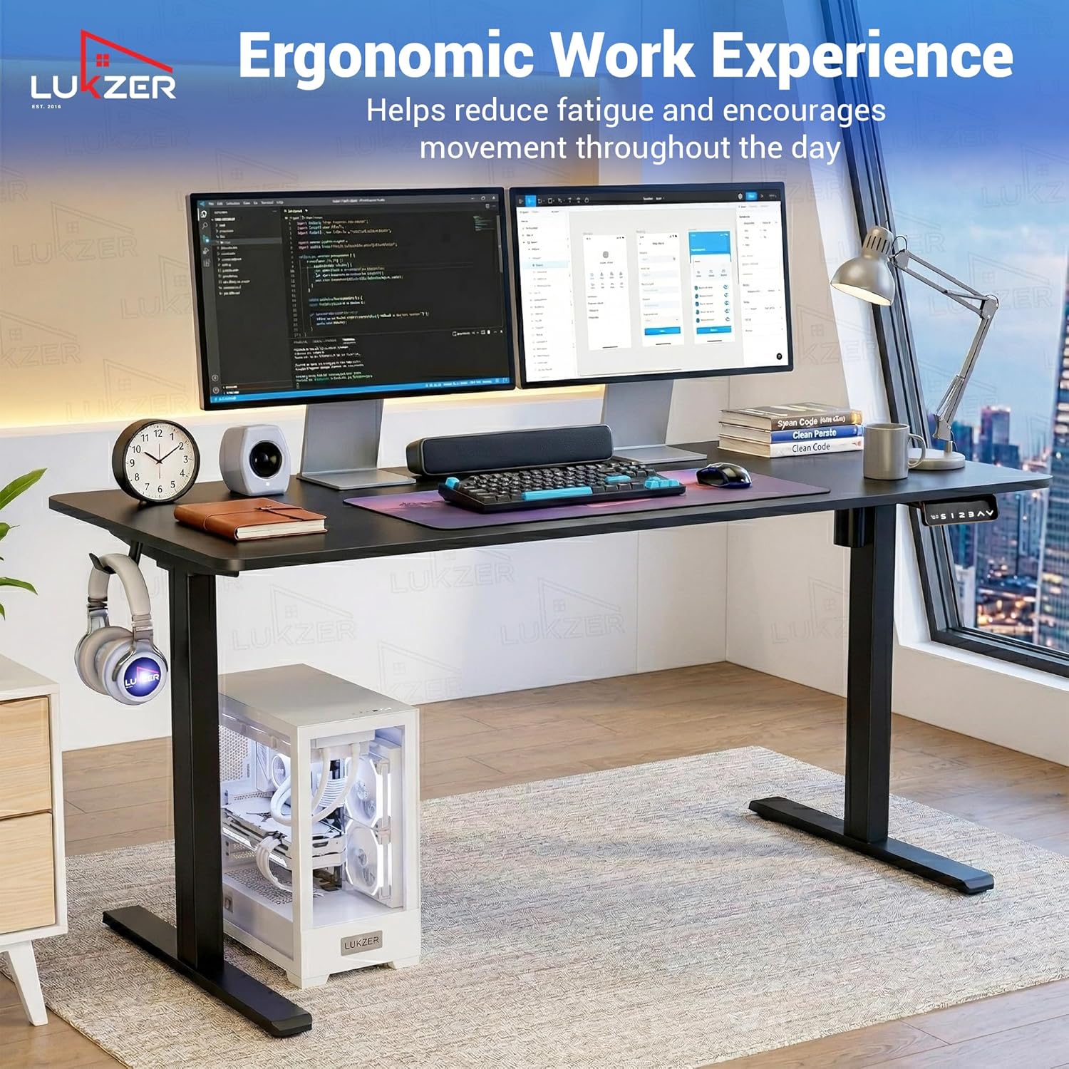 Lukzer Dual Motor Electric Height Adjustable Desk Memory Controller Standing Table EST-002/Black & Black)