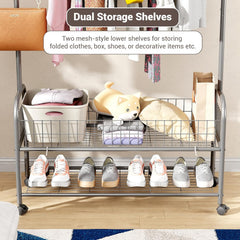 Lukzer Heavy-Duty Portable Metal Clothes Rack with Double Rod & Bottom Shelf (MGR-002/Grey)