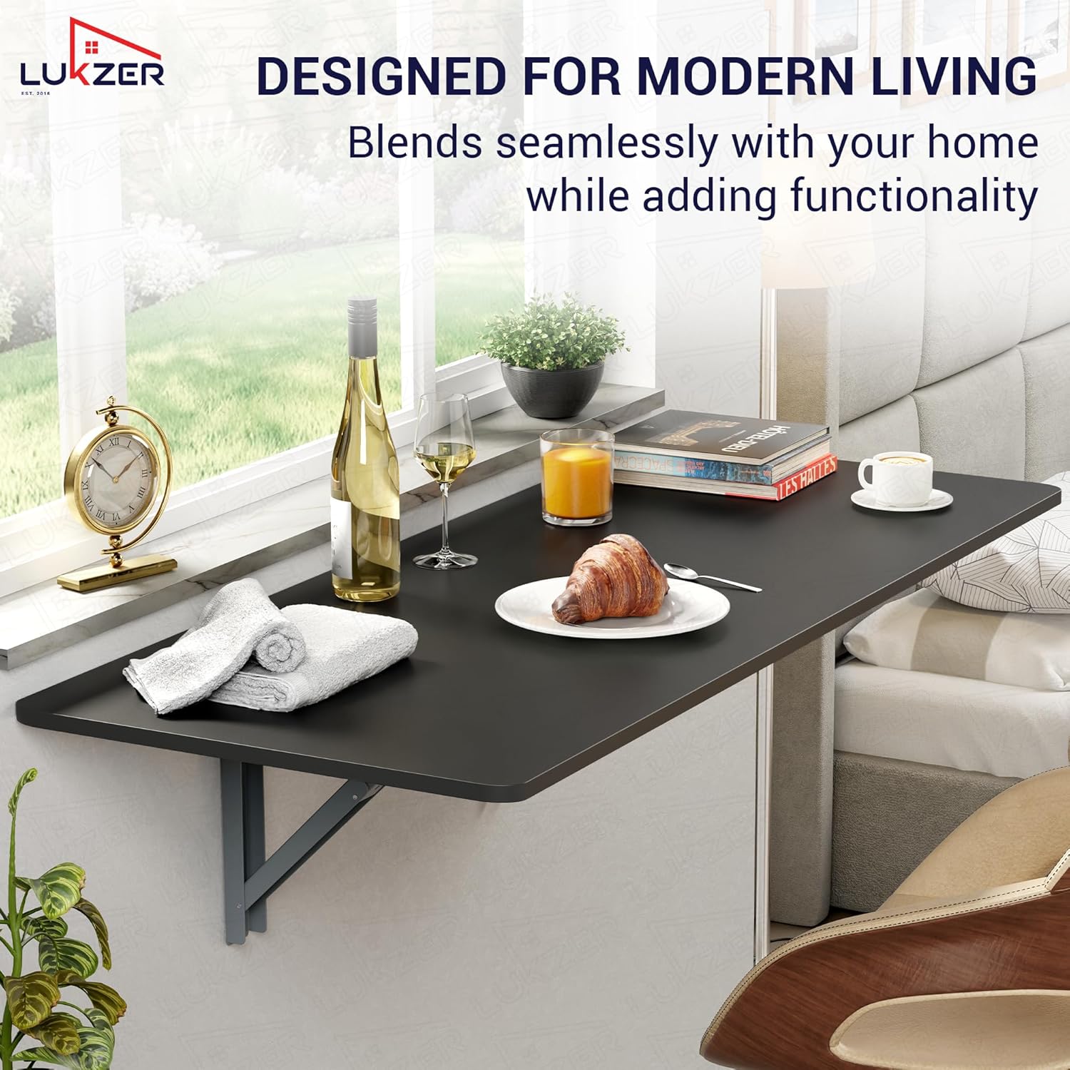 Lukzer Multi-purpose Engineered Wood Wall Mounted Foldable Rack Table (MT-001/Black)