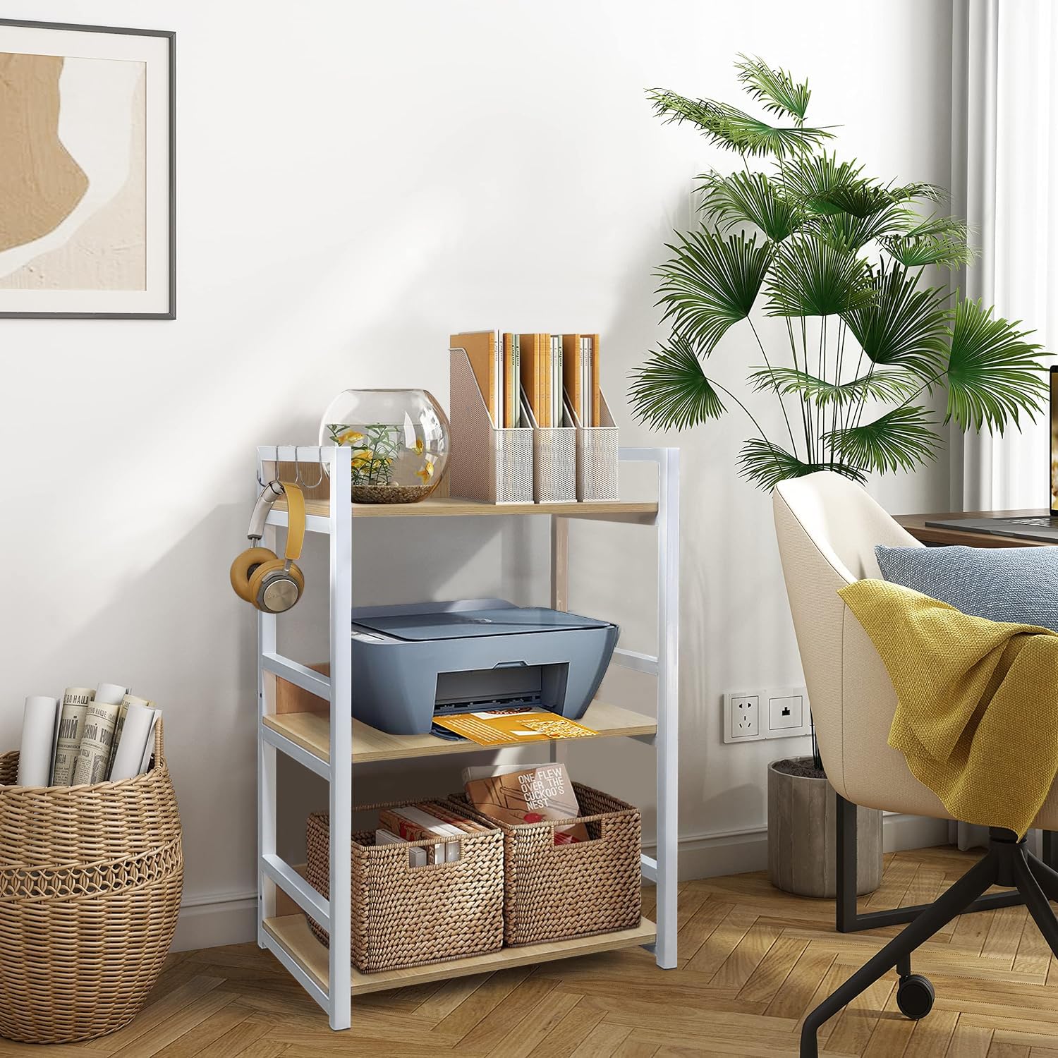 Lukzer 3-Tier Multipurpose Metal & Wood Kitchen Storage Rack (MKR-003/Oak Light with White)