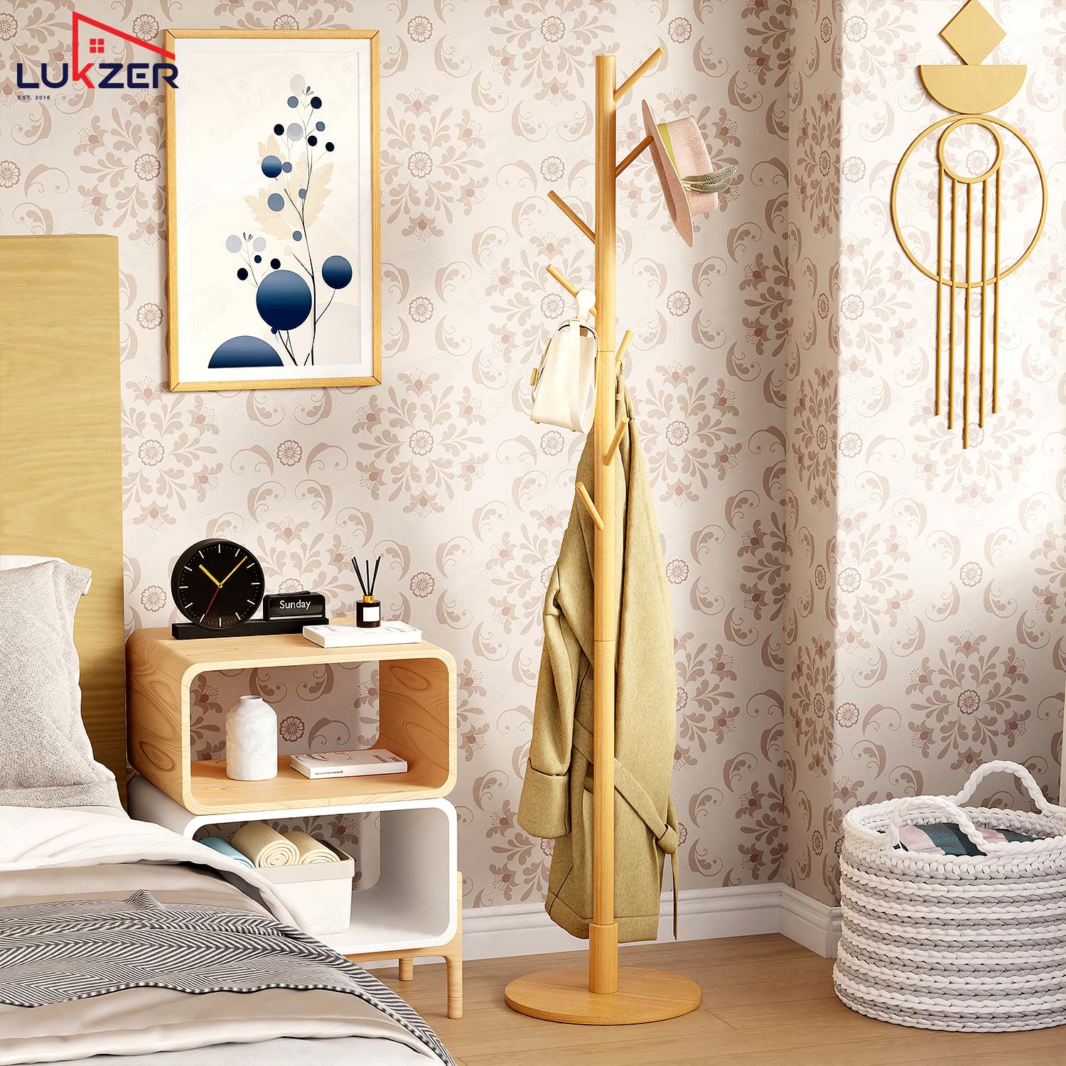 Lukzer 8-Hook Bamboo Coat Stand with Round Base (CH-492)
