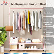 Lukzer Metal Single Rod Clothes Hanging Stand with Double Shelf & Lockable Wheels (MGR-004/Pink)
