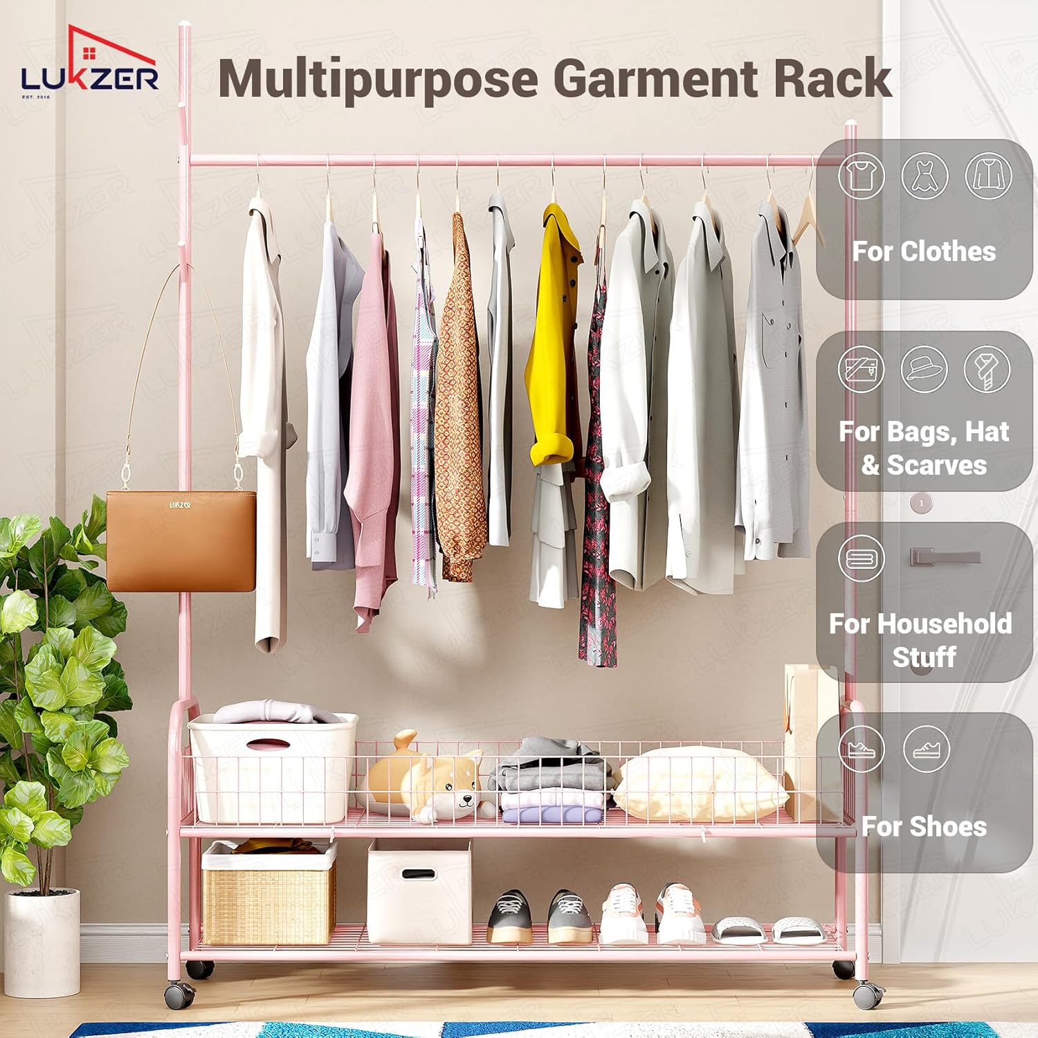 Lukzer Metal Single Rod Clothes Hanging Stand with Double Shelf & Lockable Wheels (MGR-004/Pink)