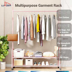 Lukzer Metal Single Rod Clothes Hanging Stand with Double Shelf & Lockable Wheels (MGR-004/Pink)