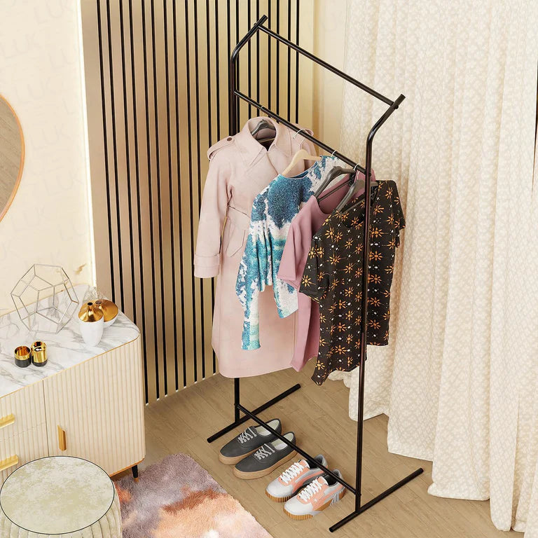 Curve Design Double Pole Garment Rack | (Black/160x63x43.5cms)