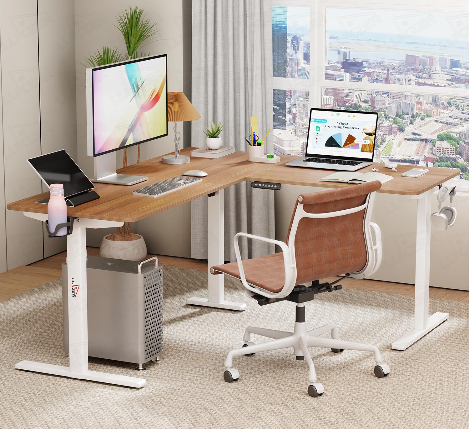 Lukzer L-Shape Electric Height Adjustable Study Desk (EST-001/White & Oak Brown) 3-Years Warranty