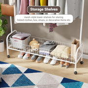 Lukzer Metal Single Rod Clothes Hanging Stand with Bottom Shelf & Lockable Wheels (MGR-003/White)