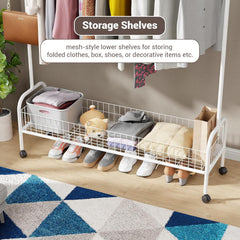 Lukzer Metal Single Rod Clothes Hanging Stand with Bottom Shelf & Lockable Wheels (MGR-003/White)