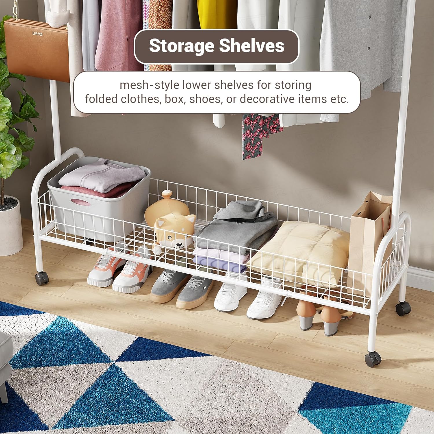 Lukzer Metal Single Rod Clothes Hanging Stand with Bottom Shelf & Lockable Wheels (MGR-003/White)