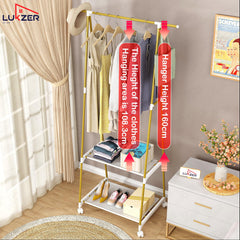 Lukzer A-Shaped Metal Garment Stand with Dual Storage Shelves & Wheels (MGR-010/Olive Yellow)