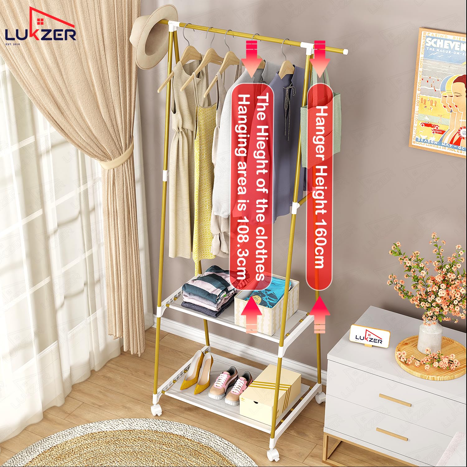 Lukzer A-Shaped Metal Garment Stand with Dual Storage Shelves & Wheels (MGR-010/Olive Yellow)