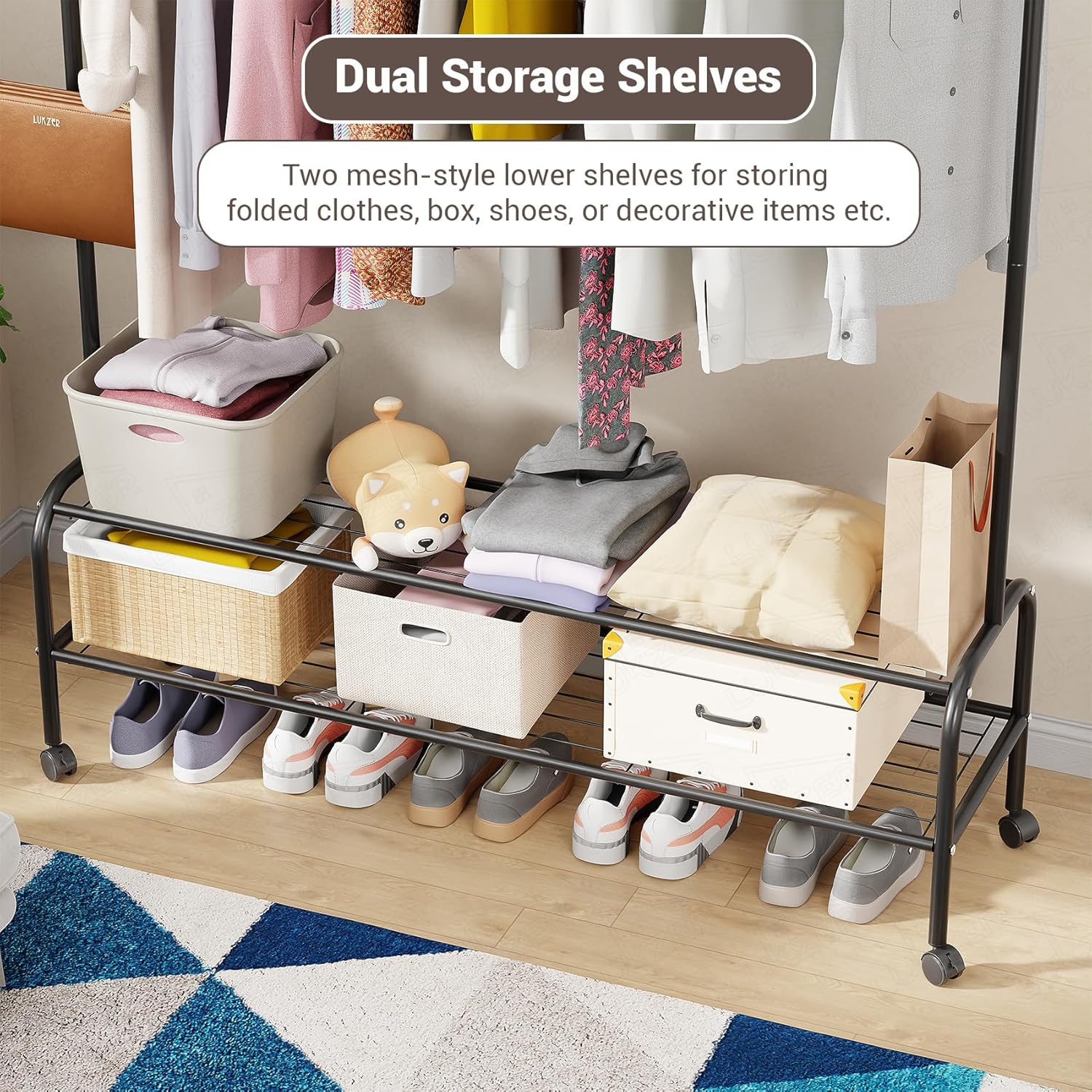 Lukzer Single Pole Portable Metal Garment Rack with 2 Bottom Shelves (MGR-008/Black)