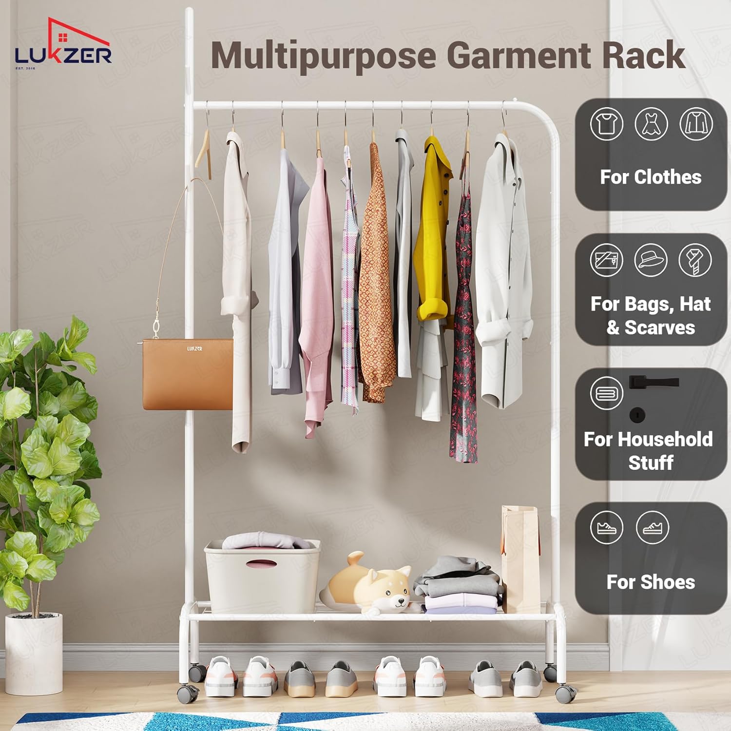 Lukzer Metal Garment Rack with Wheels & 1 Bottom Storage Shelf (MGR-005/White)
