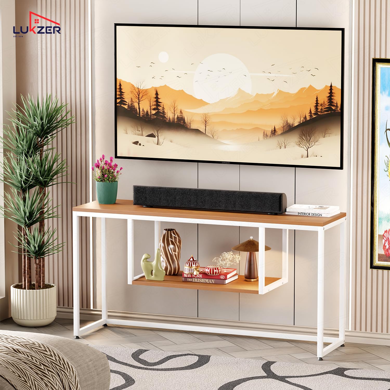 Lukzer TV Unit Stand for TVs up to 43 Inch Engineered Wood with Metal (MTU-002/White & Oak Brown)