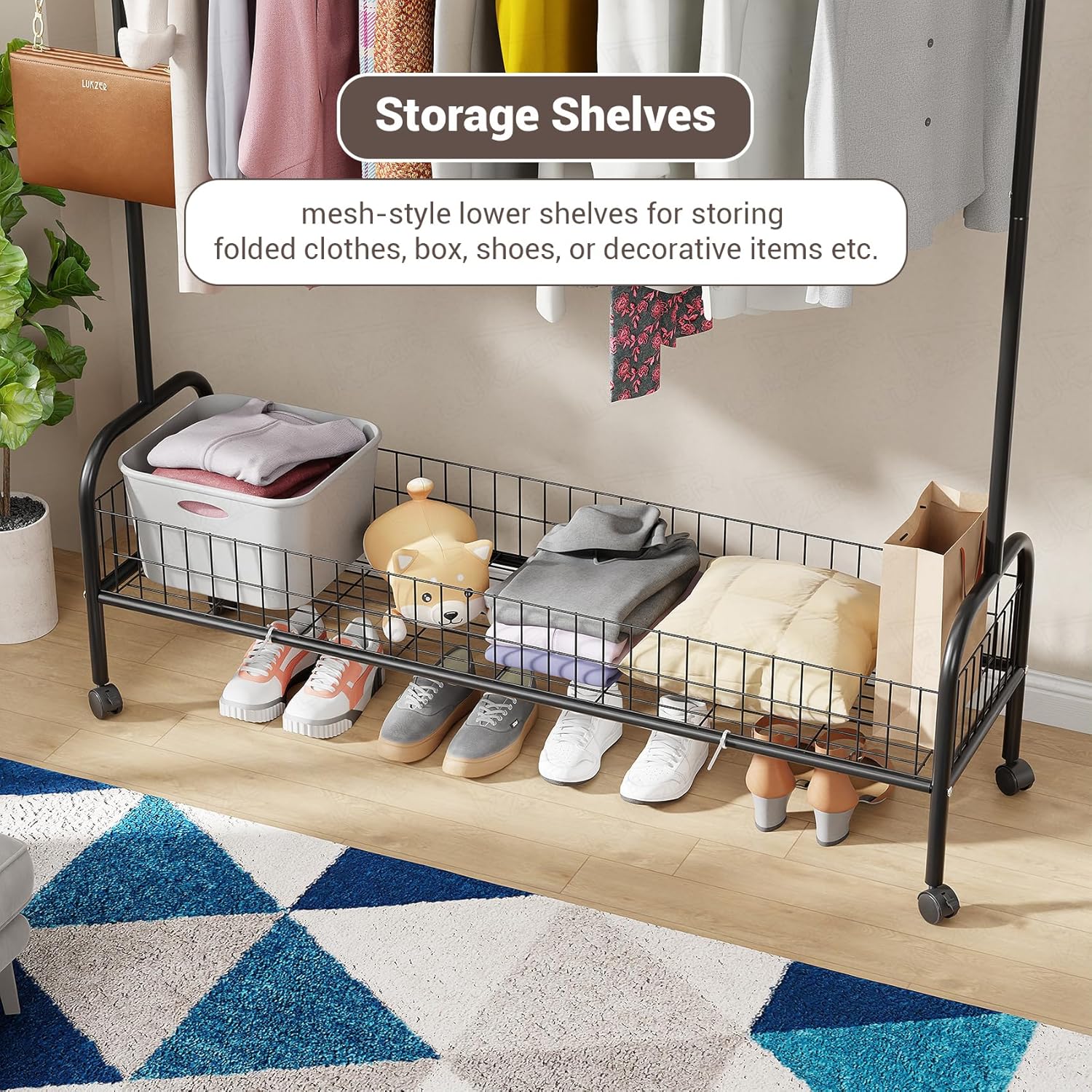 Lukzer Metal Single Rod Clothes Hanging Stand with Bottom Shelf & Lockable Wheels (MGR-003/Black)