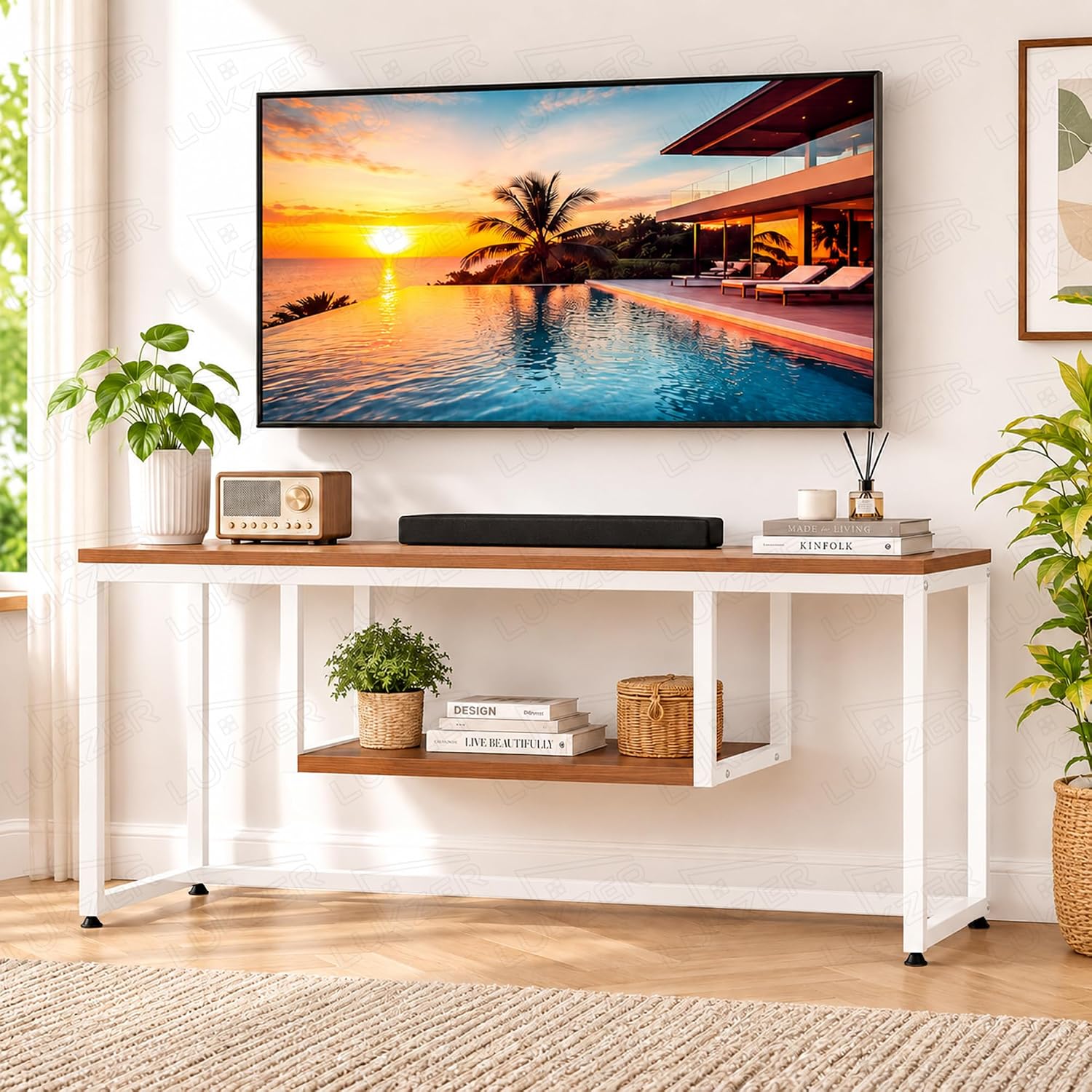 Lukzer TV Unit Stand for TVs up to 43 Inch Engineered Wood with Metal (MTU-002/White & Oak Brown)