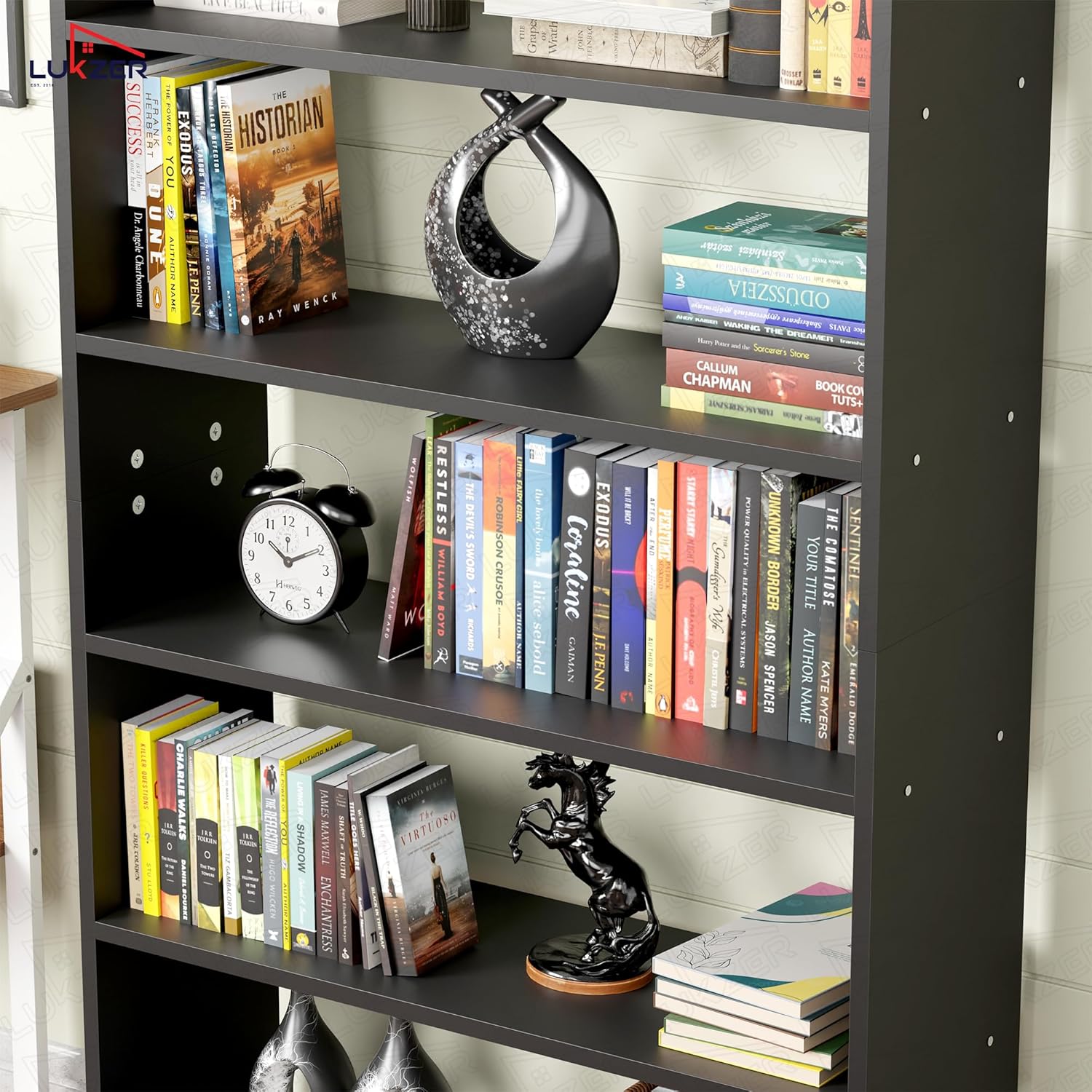 Lukzer Engineered Wood 6 Tier Bookcase Open Storage Cabinet (MR-007/Black)