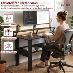 Lukzer Study Table with Monitor Riser & Open Book Shelf (MST-004/Black)