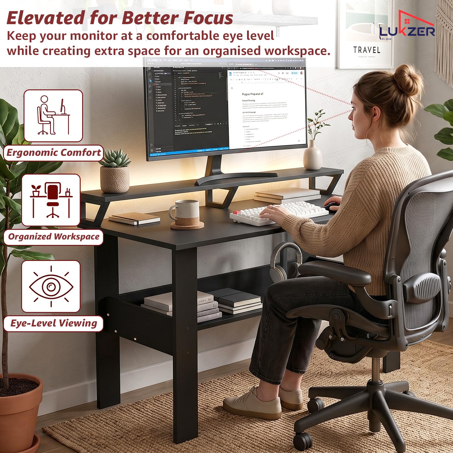 Lukzer Study Table with Monitor Riser & Open Book Shelf (MST-004/Black)