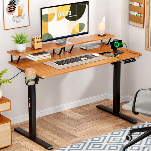 Lukzer Electric Height Adjustable Desk with Monitor Riser USB & Type-C Sit-Stand Table (EST-004/Black & Oak Brown) 3-Years Warranty