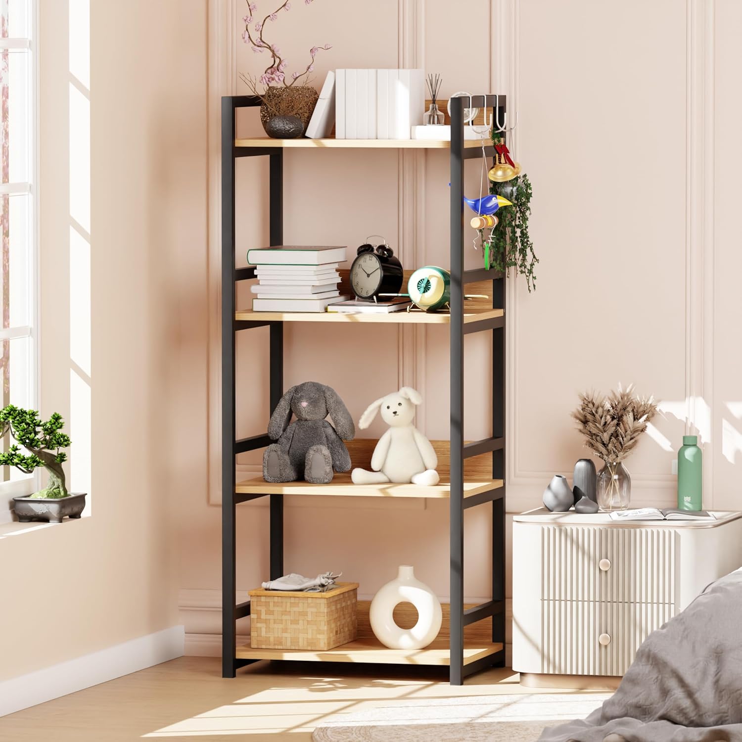 Lukzer 4-Tier Multipurpose Metal & Wood Kitchen Storage Rack (MKR-004/Oak Light with Black)