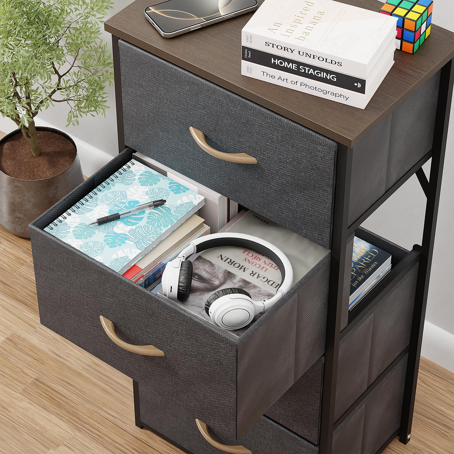 Lukzer 4-Drawer Fabric Storage Organizer for Closet (MMR-002/Black & Wenge)