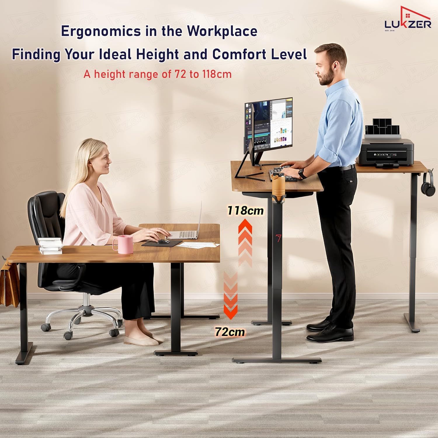 Lukzer L-Shape Electric Height Adjustable Study Desk (EST-001/Black & Oak Brown) 3-Years Warranty