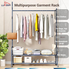 Lukzer Metal Single Rod Clothes Hanging Stand with Double Shelf & Lockable Wheels (MGR-004/Deep Sea)
