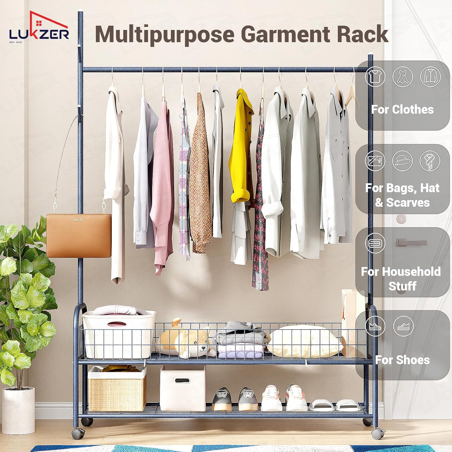 Lukzer Metal Single Rod Clothes Hanging Stand with Double Shelf & Lockable Wheels (MGR-004/Deep Sea)