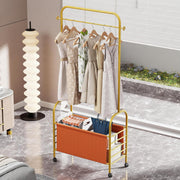 Lukzer Metal Clothes Rail Stand with Leather Storage Bin & Wheels (MGR-009/Gold)