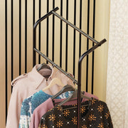 Lukzer Multi-Functional Cloth Rack Stand with Bottom Shelves & Wheels – Cat Ear Design (148x120x38cm, Black/Gold/White)