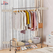 Lukzer Metal Single Rod Clothes Hanging Stand with Bottom Shelf & Lockable Wheels (MGR-003/Grey)