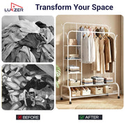 Lukzer Metal Garment Stand with 6 Shelves & Double Rods with Side Hooks & Wheels (MGS-008/White)